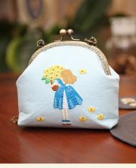 手工捧花女孩手提包3D欧式印花钱包挂画口金包刺绣套件